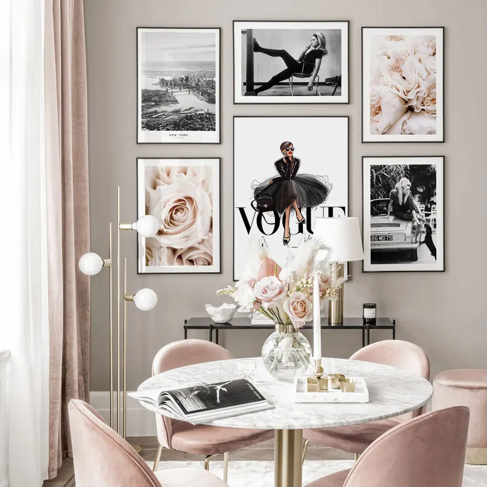 

Fashion Girl Poster Black Whtie Canvas Wall Art Print Nordic Pink Flowers Painting Modern Style Decoration Picture