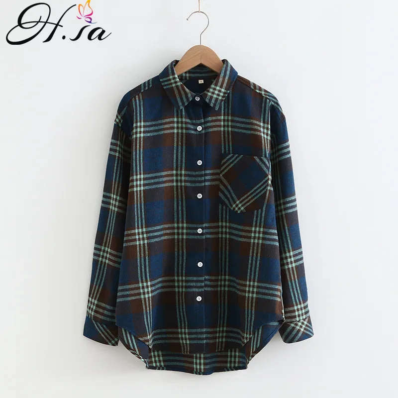 Женская рубашка с отложным воротником H.SA винтажная Свободная блузка в клетку