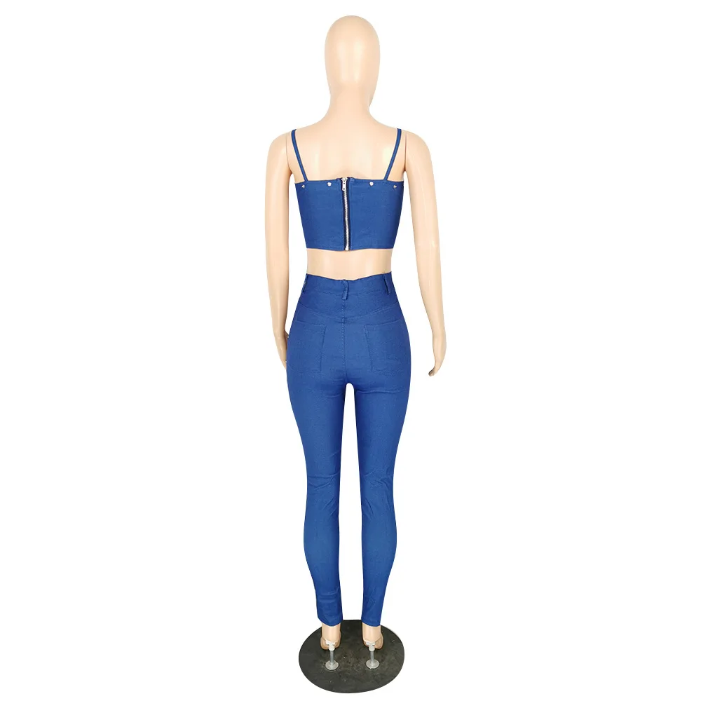 

high elastic two piece set for women summer solid color sleeveless camisole crop top+pure all-match trousers