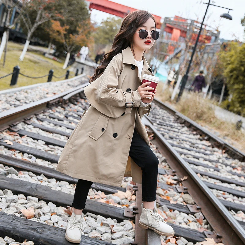 Куртки для девочек модные двубортные хлопковые пальто плащ новые детские плащи