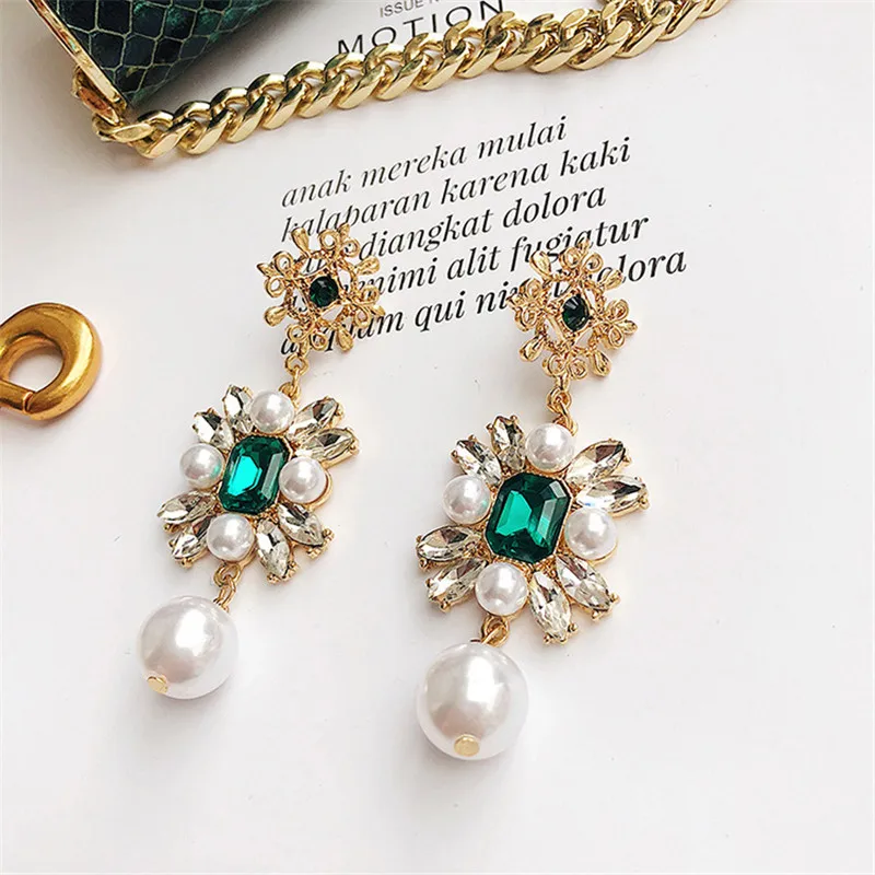 Женские винтажные серьги подвески зеленые Стразы с подвеской в виде жемчуга