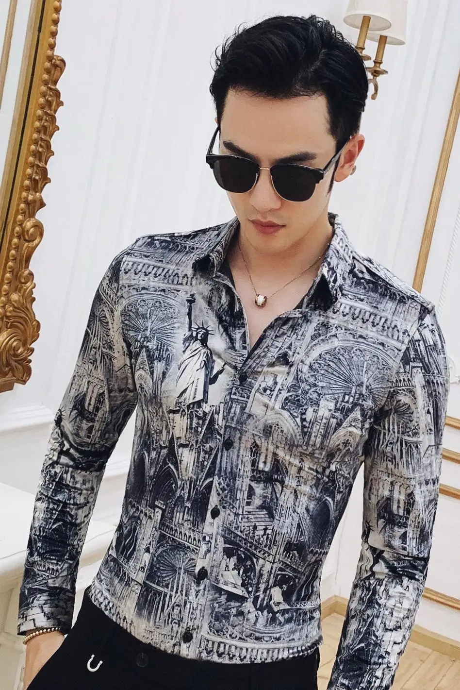 

XXXXL Male business printing Shirts Baroque Slim Fit Party Club Shirt Men Camisa Homem luxury Long Sleeve Shirt Plus Size