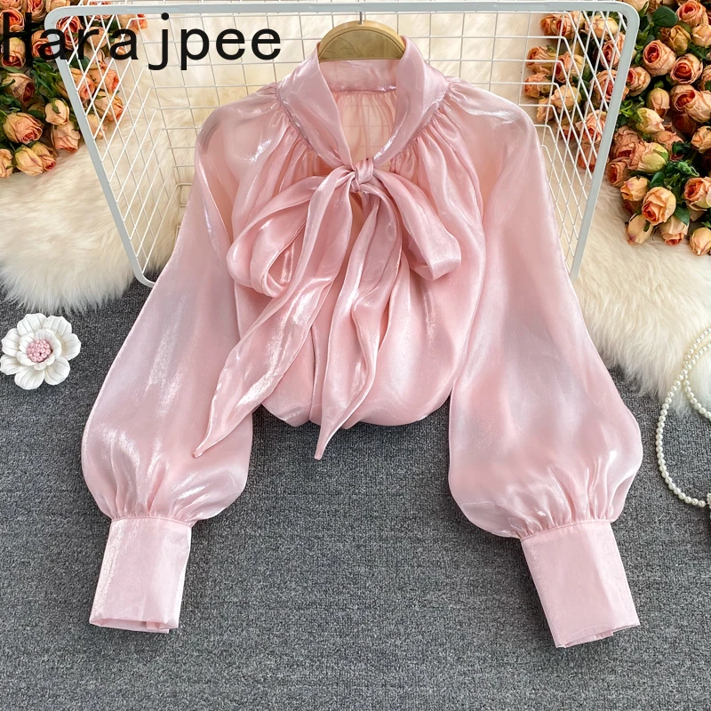 

Harajpee Women Shirt V-neck Bow Belt French Style Solid Lantern Sleeve Loose Fairy Style Gentle Spring Autumn New Blouse Tops