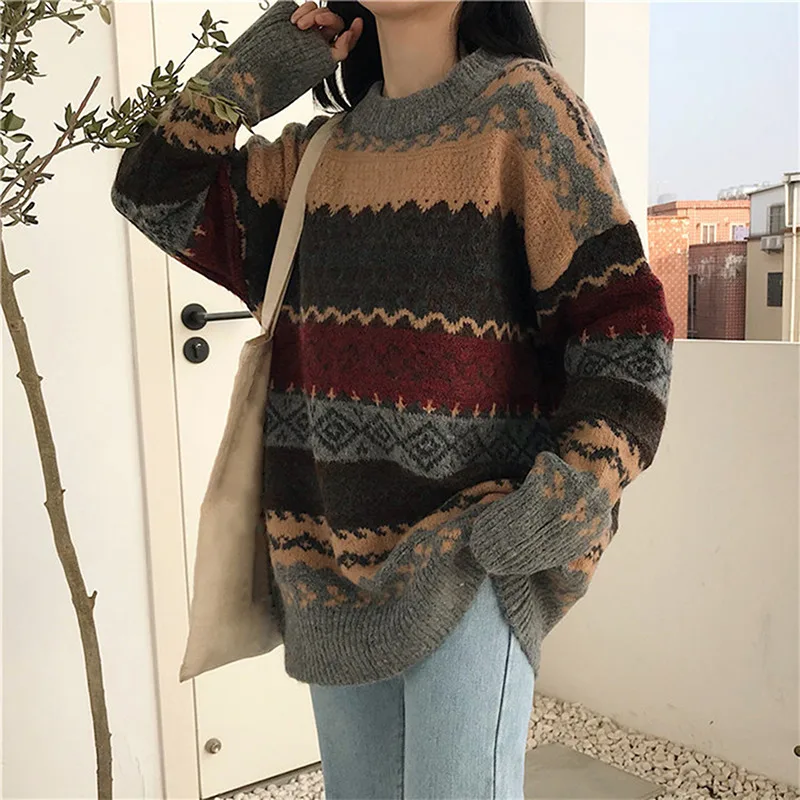 

Винтажный женский свитер пуловер, зимние полосатые Джемперы, Свободный пуловер в Корейском стиле, вязаная одежда, повседневный свободный с...