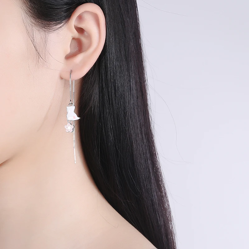 

JYouHF Classic Long Chain 925 Sterling Silver Tassel Earrings for Women Fashion Korean Asymmetric Cat Flower Hollow Drop Earring
