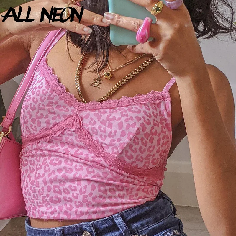 

ALLNeon 2000s Aesthetics Pink Leopard Cami Tops Y2K Streetwear V-neck Lace Trim Crop Tops Summer Cute Outfits Spaghetti Strap