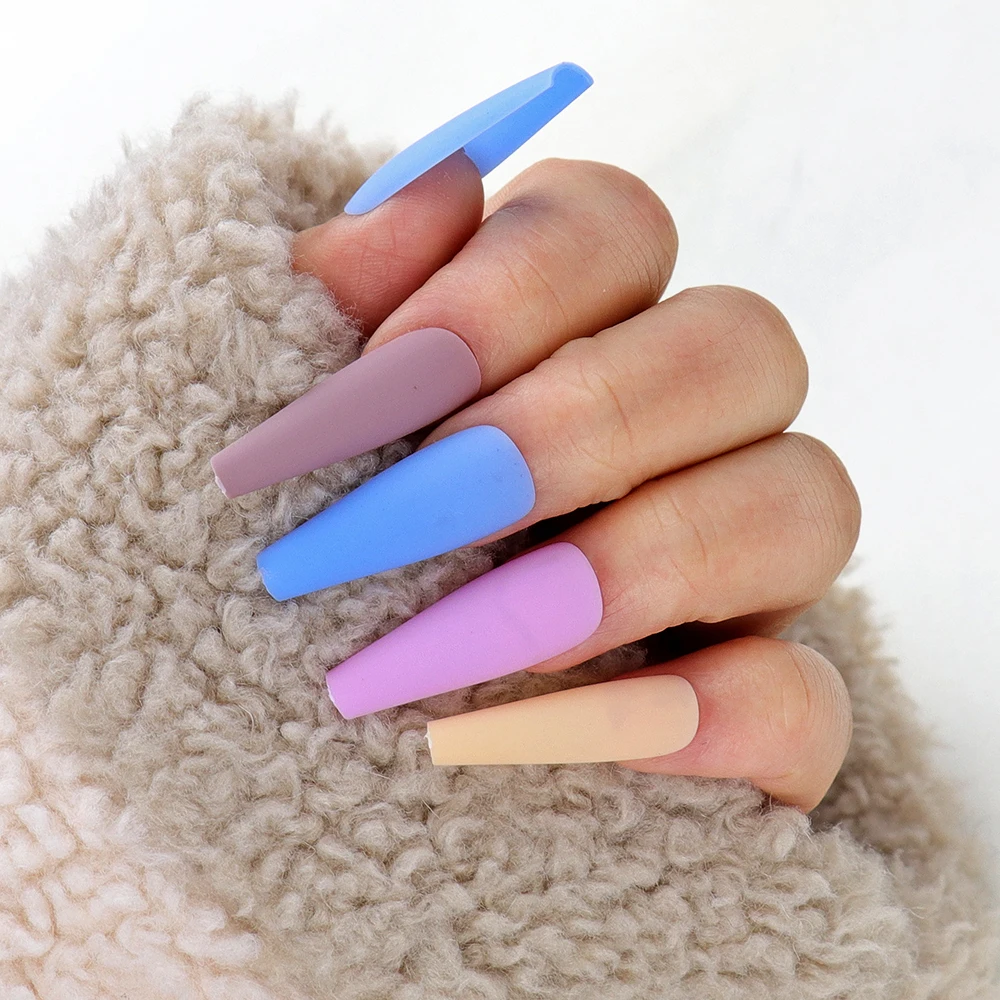 

20pcs Coffin Fake Nails Matte Candy Color Long Ballerina False Nail Art Tips With Glue Acrylic Full Cover Press on Nails