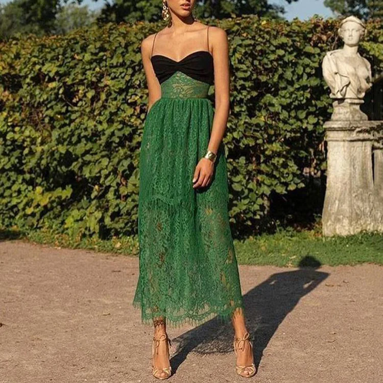 

New women's 2021 sexy suspender solid lace christmas dress long skirt relief minority Designer real price grade graduation