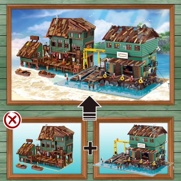 

MOC City Street Ideas Series Fisherman Club Dive Shop Model Kit Building Blocks Kids Toys Captain Wharf Bricks Fit 21310