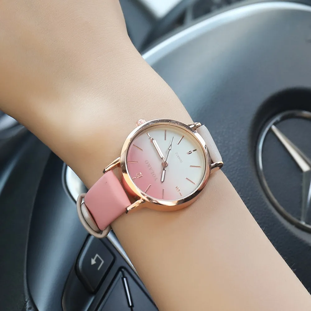

Elegant Women's Watches Fashion Gradient Color Casual Quartz Watch Leather Band Rose Gold Dial Analog Wrist Watch Montre Femme