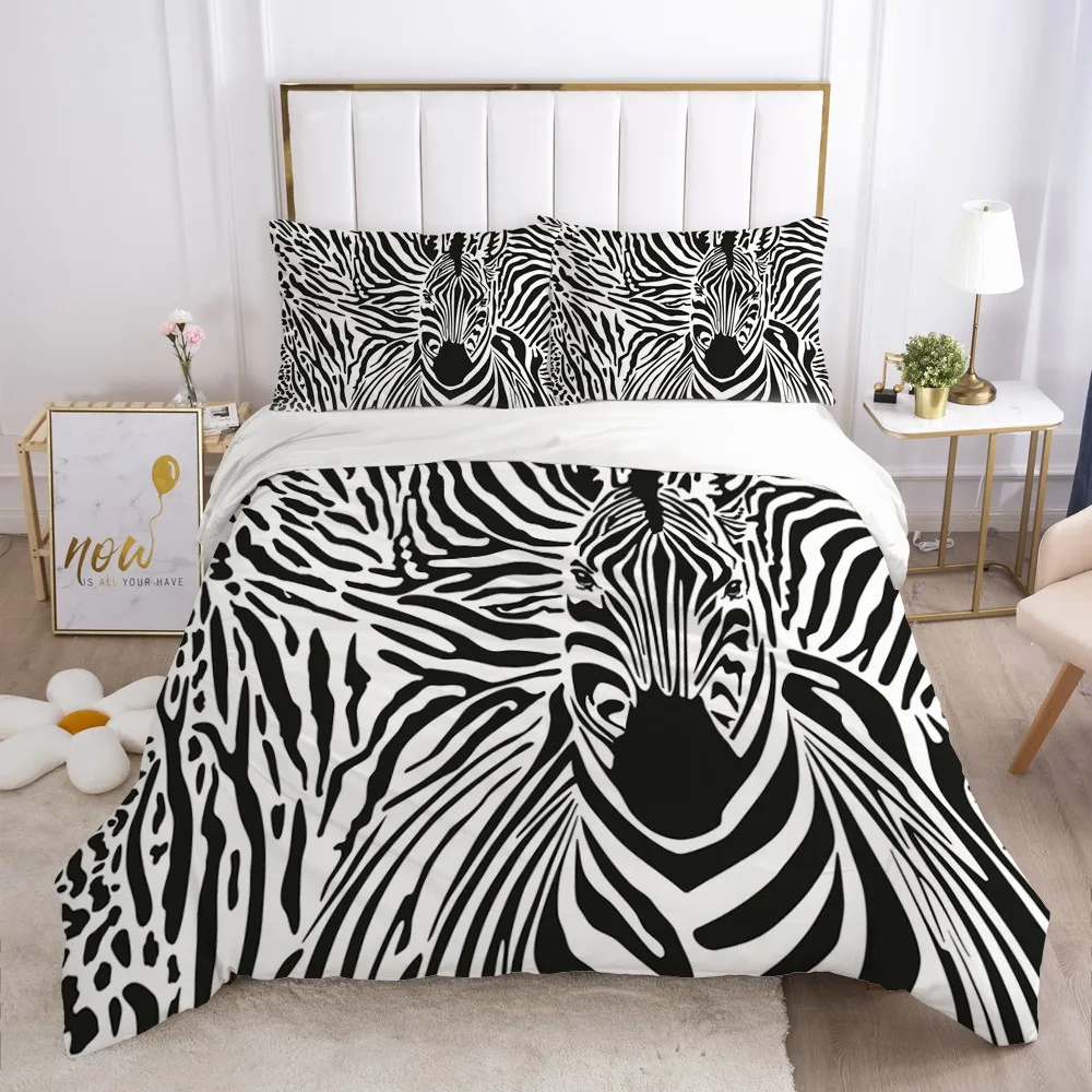 

3D Digital Duvet Quilt Cover Set Bedding Sets Bed Linens Pillowcase King Queen Full Double Size Zebra White Black Style