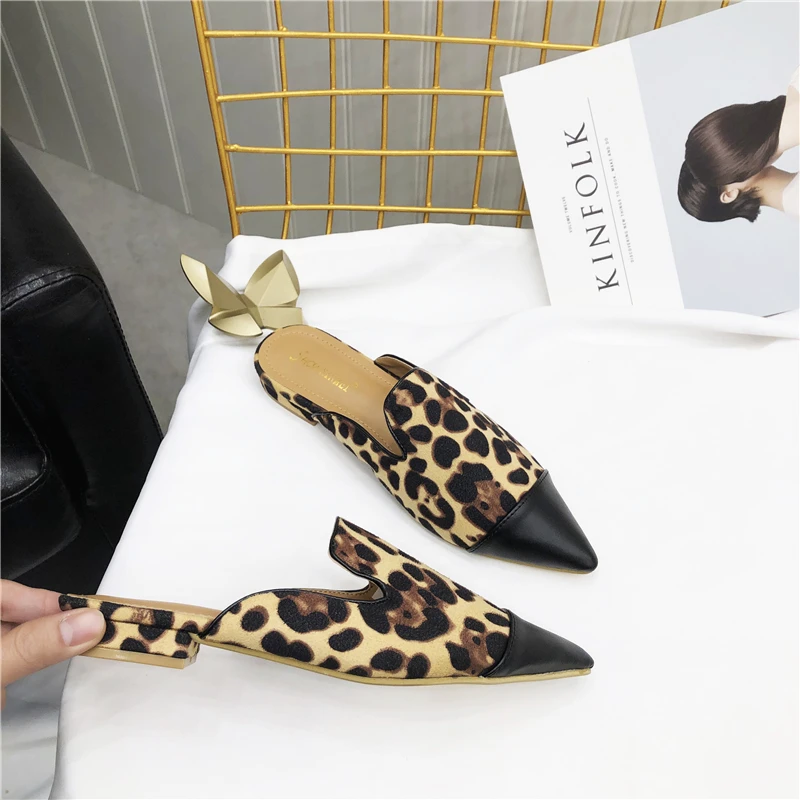 Туфли женские леопардовые на плоской подошве с острым носком|Тапочки| |