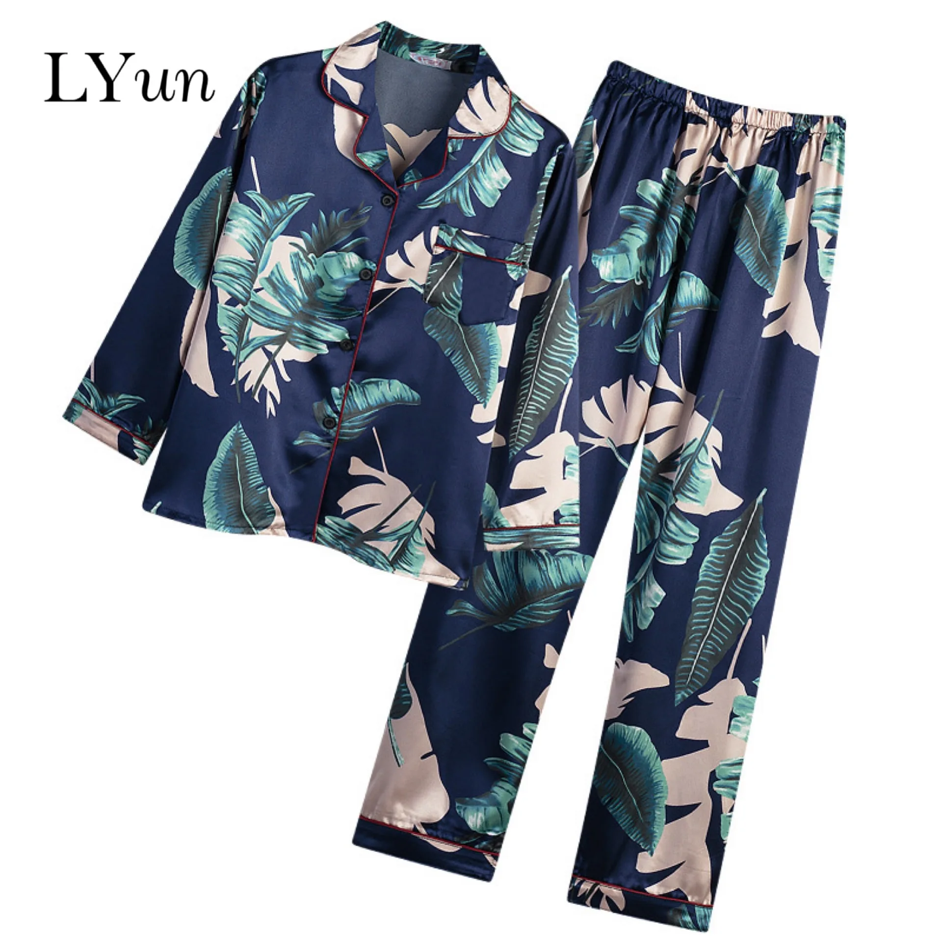Женская пижама размера плюс LYun пижамный комплект на весну и осень шелковая