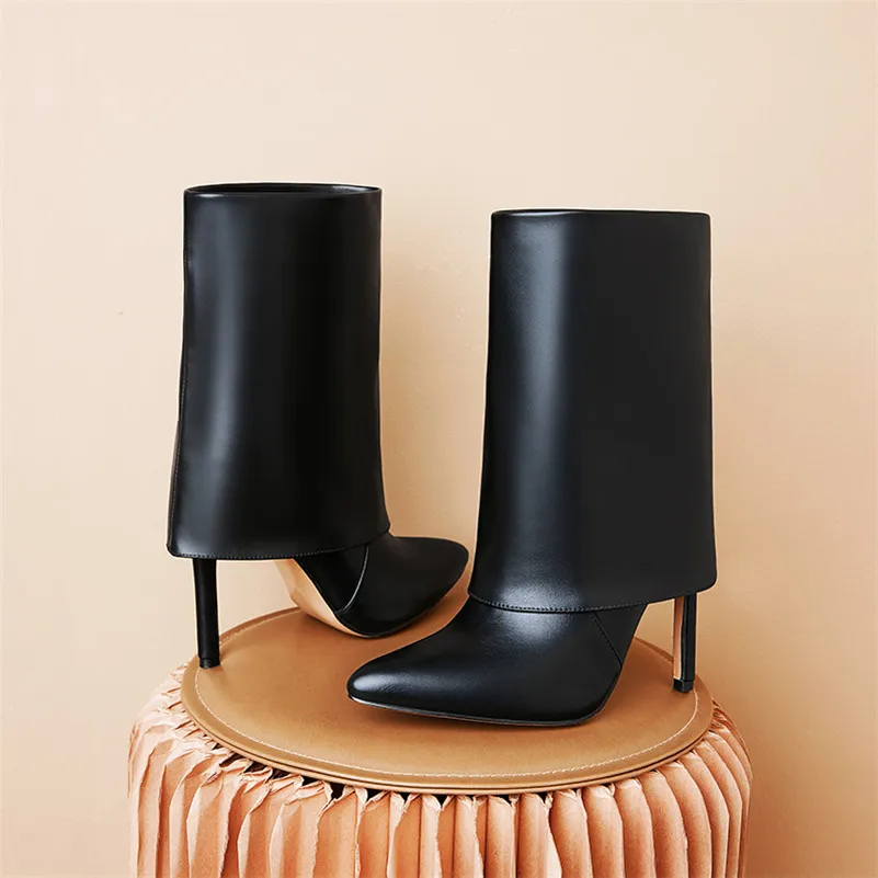 

Meotina Mid Calf Boots Women Shoes Pointed Toe Stiletto Heels Fashion Boots Slip On Extreme High Heel Boots Female Winter Black