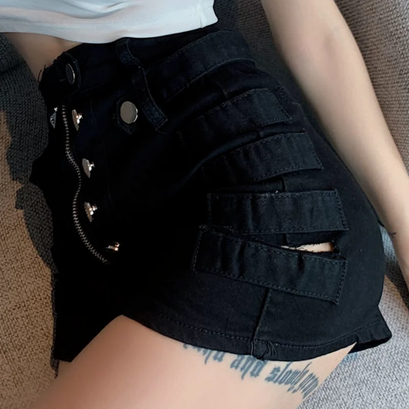 

Shorts Women Denim Hole 2021 Summer New Ulzzang Aesthetic High Waist Trendy Button Skinny Solid Leisure Design Daily Sexy Ladies