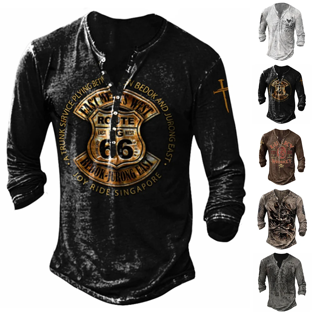 

Retro Half Buttons T-shirts Mens Autumn Spring V Neck Chic Printed Vintage Style Long Sleeve T-shirt Top Sweatshirt