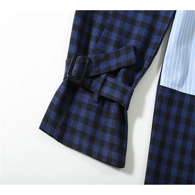 

Women Blue Striped Plaid Split Big Size Blouse New Lapel Long Sleeve Loose Fit Shirt Fashion Tide Spring Autumn 2020