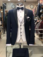 navy blue wedding tuxedos vintage fit formal best man suits groom wear mens tweed 3 piece blazervestpants costumes hommes