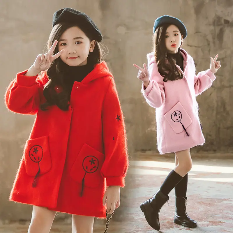 Шерстяное пальто с капюшоном для девочек карманами кисточками Детская шерстяная