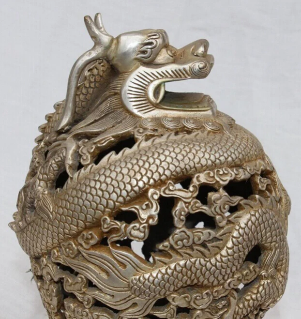 918+++ 18CM Chinese Silver White Copper Bronze Dragon Incense Burner Censer Statue | Statues & Sculptures