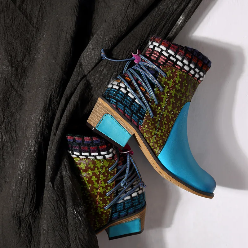 Vintage Splicing Printed Ankle Boots For Women Shoes Woman Genuine Leather Zipper Block 4-6CM Square High Heels Women Boots