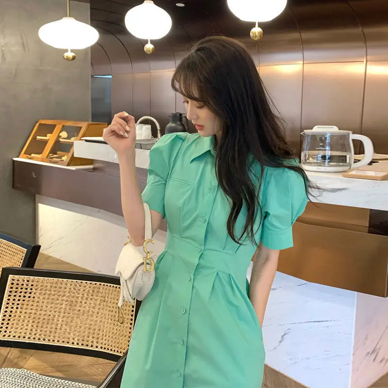 

Shirt dress female 2021 summer new slim waist slim green long short sleeve skirt