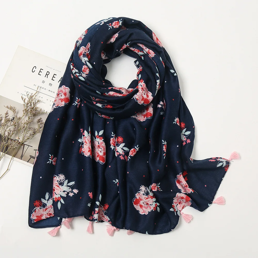 

Ladies Fashion Navy Blue Bohemian Floral Tassel Viscose Shawl Scarf High Quality Thick Wrap Pashmina Stole Bufandas Muslim Hijab