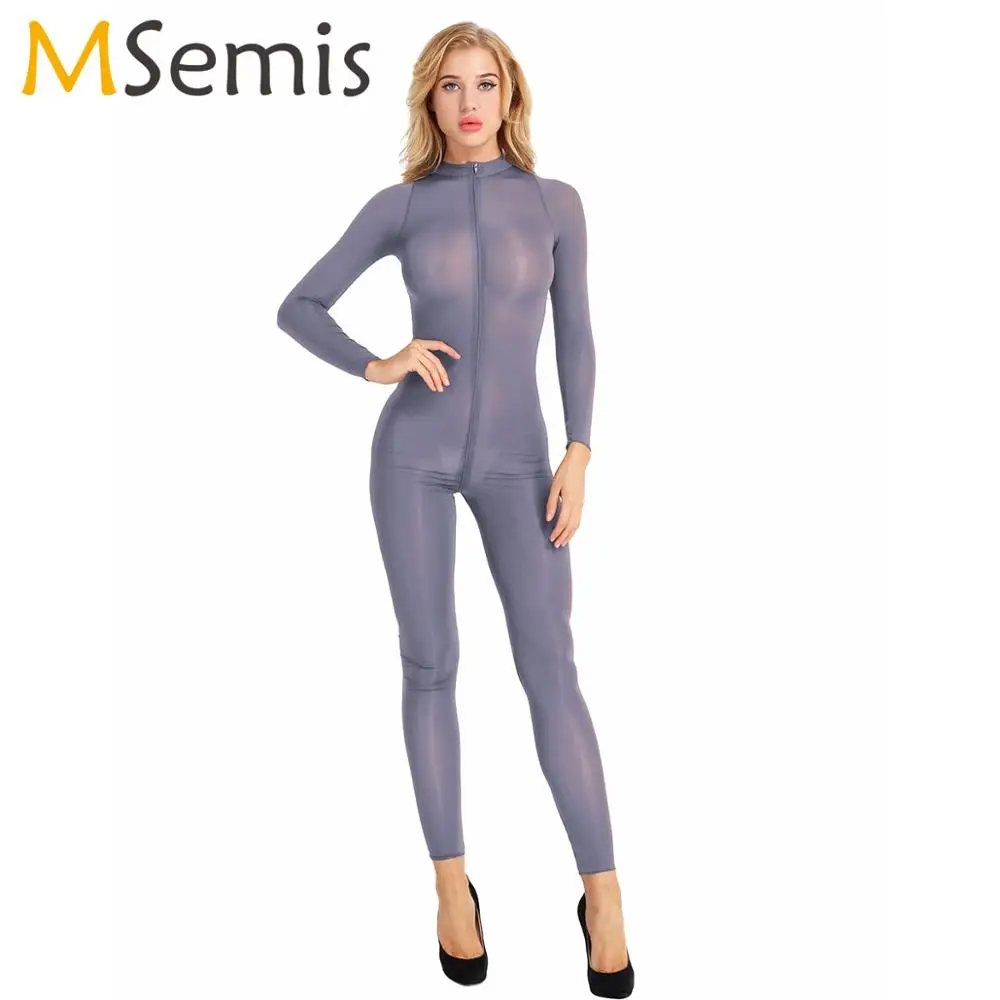 

Women Sheer Bodystocking Lingerie Long Sleeve Double Zipper Open Crotch Sexy Transparente Bodysuit Hot Smooth Jumpsuit Nightwear