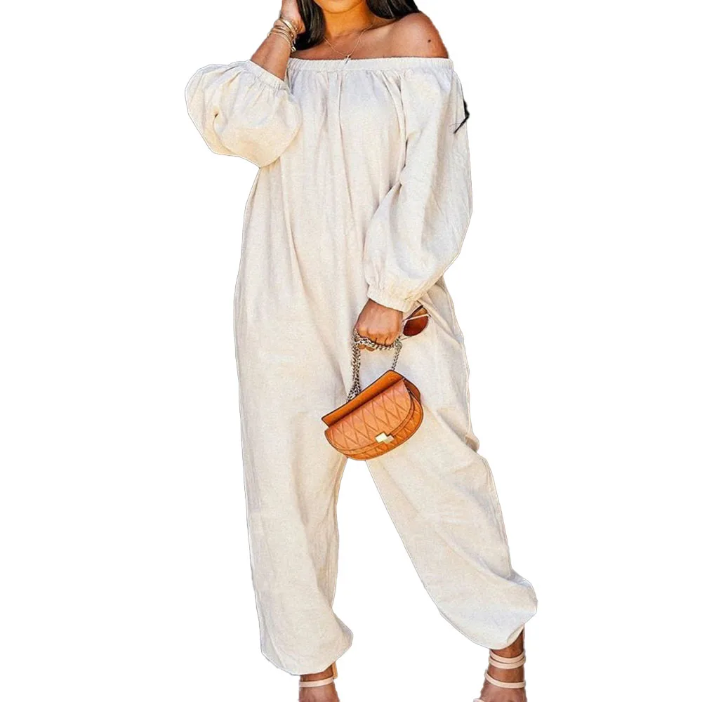 

Autumn New 2021 Solid Color Fashion Temperament Loose Casual One Shoulder Jumpsuit Pocket Long Sleeve African Simplicity