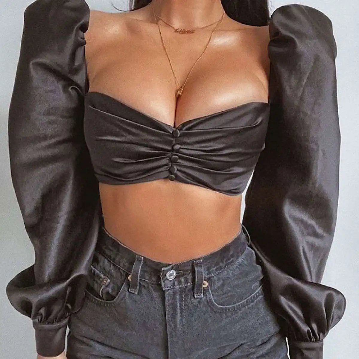 Женская футболка с рукавами фонариками Летняя Сексуальная черная глубоким