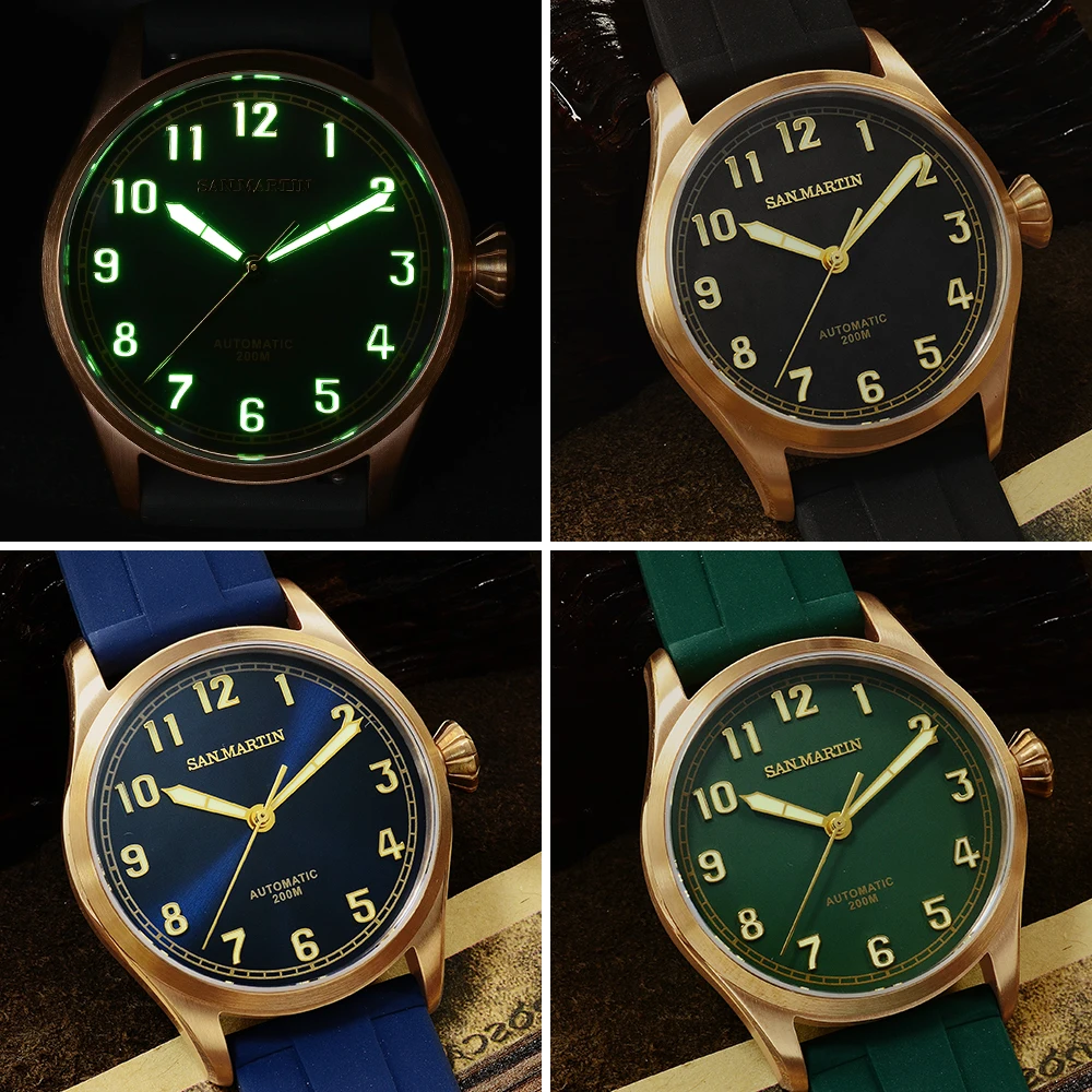 

San Martin Watches Men Retro Diver CuSn8 Bronze Automatic Watch Rubber Sapphire Case Back Luminous Mechanical Watch