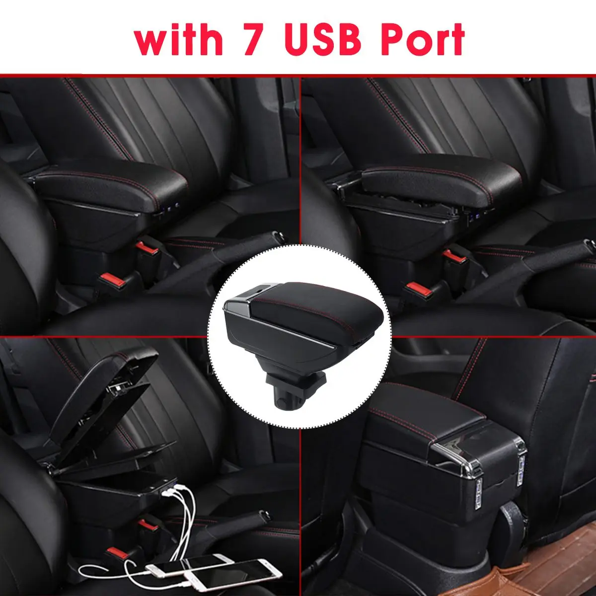 

PU Leather Armrest Box with 7 USB Port Cup Holder Ashtray For Mini Cooper for Coupe Central Storage Box LED 2-layer Armrest Box