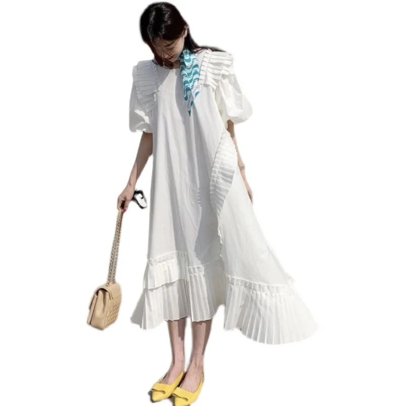 

Korean Style Chic Puff Sleeve Dress Women Ruffle Loose Clothes Vintage Patchwork White Womens Maxi Dresses Summer