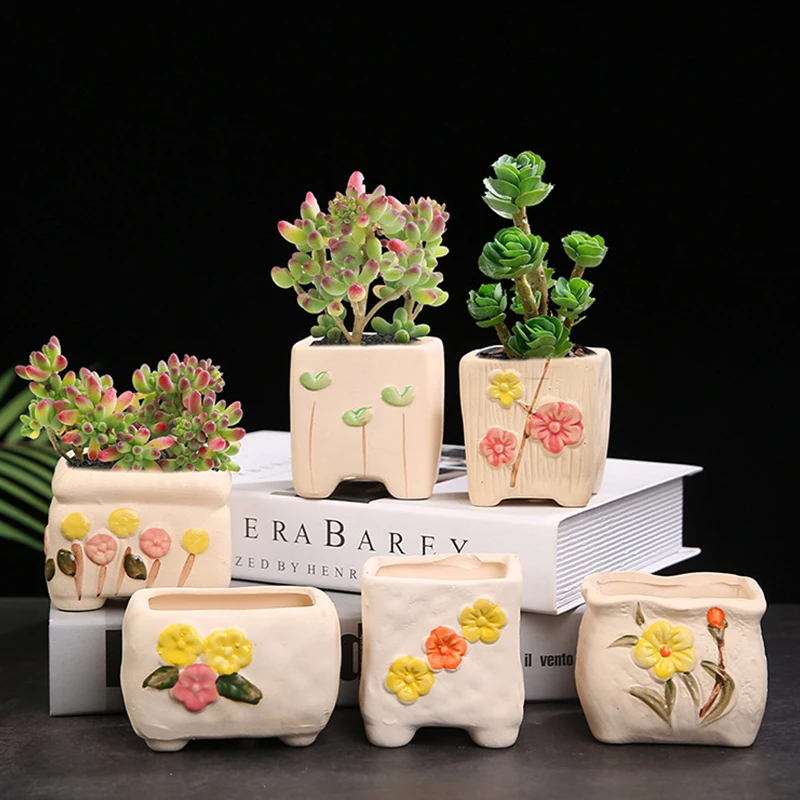 

Миниатюрный цветочный горшок ручной росписи, пасторальный керамический горшок для суккулентов в горшке, художественное украшение для боль...