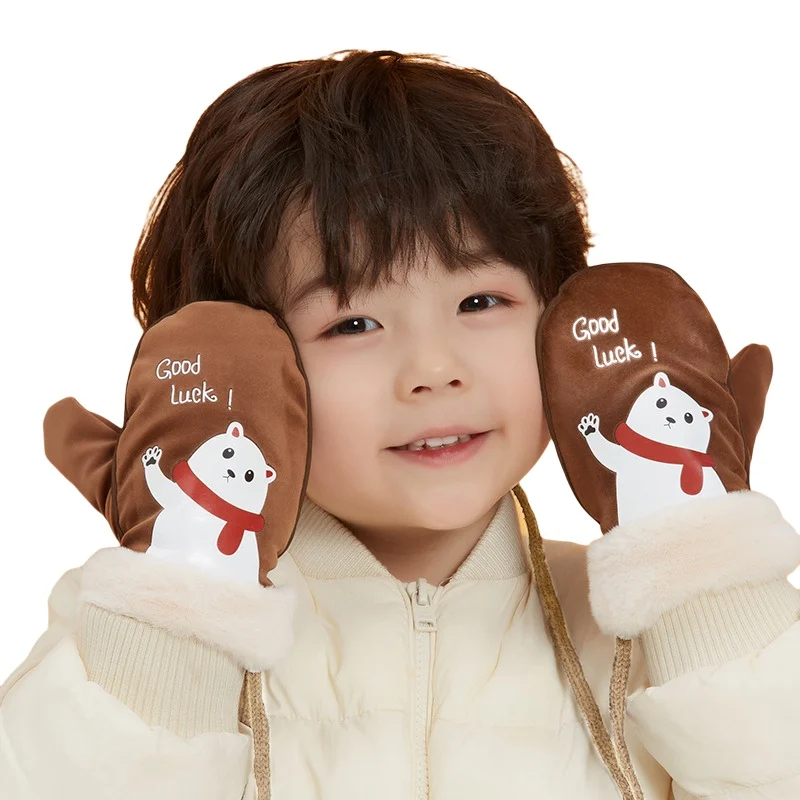 

Детские зимние теплые перчатки для мальчиков и девочек, ветрозащитные бархатные плотные перчатки, Нескользящие Мультяшные милые перчатки, ...