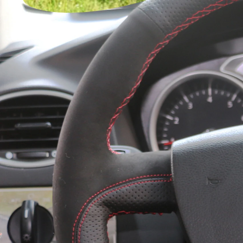 

LQTENLEO Black Leather Suede Car Steering Wheel Cover For Ford Kuga 2008-2011 Focus 2 2005-2011 Focus 3 2012-2014 C-MAX2007-2010