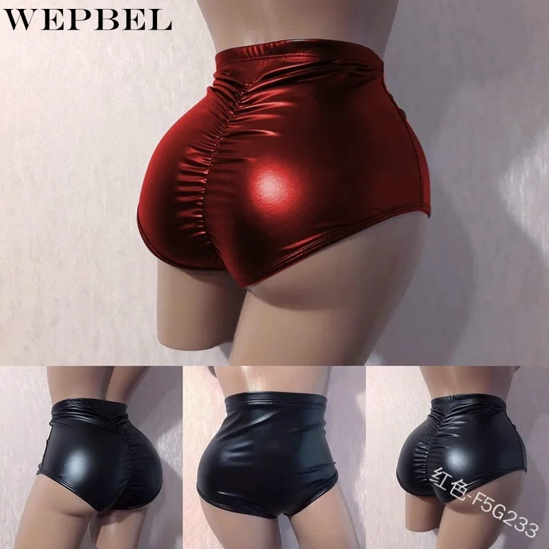 

WEPBEL Women's Fashion High Rise Metallic Shiny Shorts Solid Color Cosplay Faux Leather Shorts Pants Dancer Shorts Booty Shorts