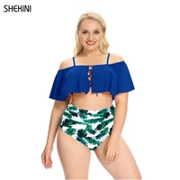 shekini women plus size high waisted ruched bikini off shoulder ruffle two piece swimsuits lace up swimwear beach bathing suits