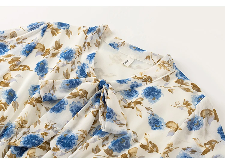 Hebe&Eos New Autumn Elegant Chiffon Dress 2021 Vintage Floral Print Boho Dress Woman Long Sleeves Pleated Midi Dresses Vestidos