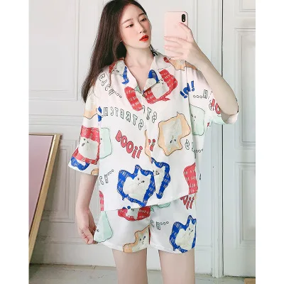 

Women's Summer Silk Short Korean Style Cute Home Sleepwear 2 Pcs Set Silk Cute Cartoon Cardigan Woman 2 Piece Set Pajamas