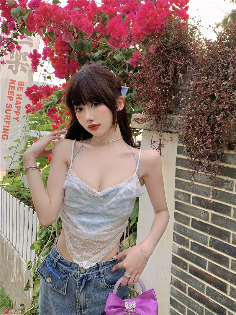 

Women's 2021 Summer New Double Layer Lace Top with Narrow Straps