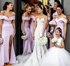 Элегантное Длинное атласное платье подружки невесты трапециевидной формы с открытыми плечами и щелевой фонарь фиолетового цвета на заказ на шнуровке
