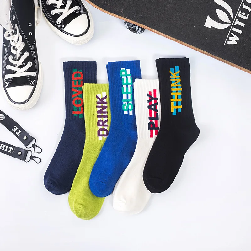 

Hip Hop Men cotton socks English letter DRINK THINK tide fashion sports SLEEP skateboard street socks