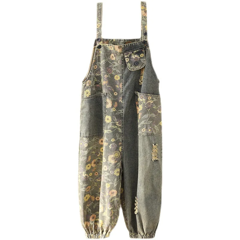 

Max LuLu Spring Designer 2021 Womens Vintage Floral Overalls Ladies Loose Printed Denim Pantalons Girls Ripped Pants Plus Size