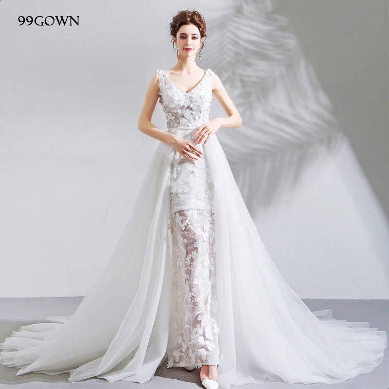 

99GOWN 2021 Wedding Gown Sexy Sleeveless V-Neck Ivory Wedding Dresses Handmade Flower Lace Chapel Train Wedding Dress