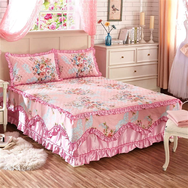 

100%Cotton Floral Ruffled Duvet Cover Bedding set Queen King size Quilted Ruffled Bedskirt Cotton Quilted Bedspread Pillow shams