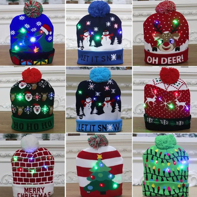 

Christmas Decor Adult Children Knitted Christmas Hats Colorful Glowing Santa Hats Navidad New Year Santa Elk Knitted Beanie Hat