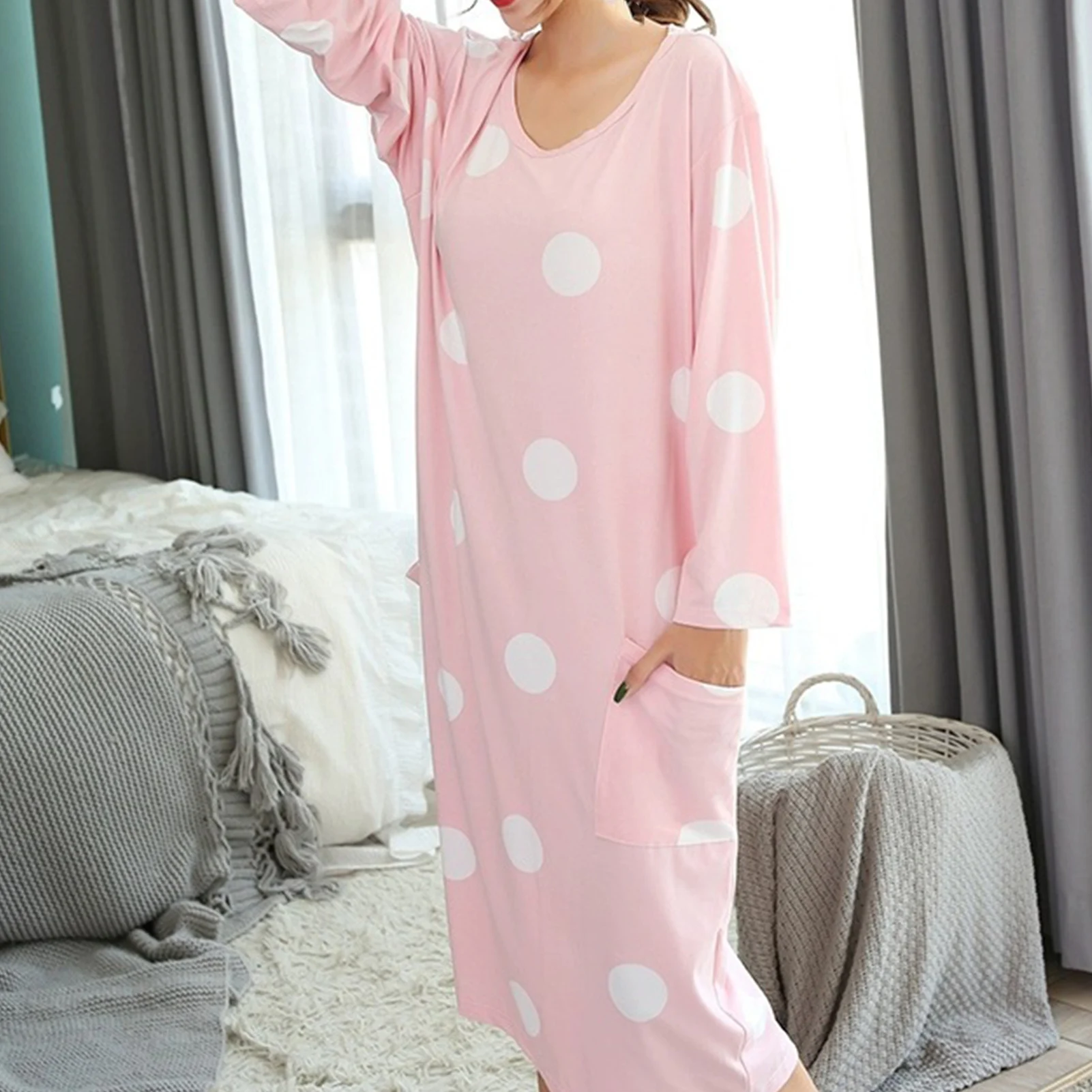 

Women Spring Autumn Dot Style O Neck Long Sleepwear Loose Oversized Nightdress