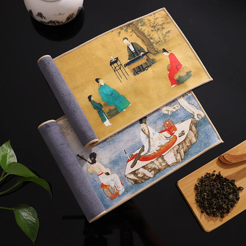 

Painted tea Towel Kung Fu Tea Set Tea Ceremony Absorbent Thickened Tea Mat Rag Kitchen Cleaning Cloth Dish Towels Accessories