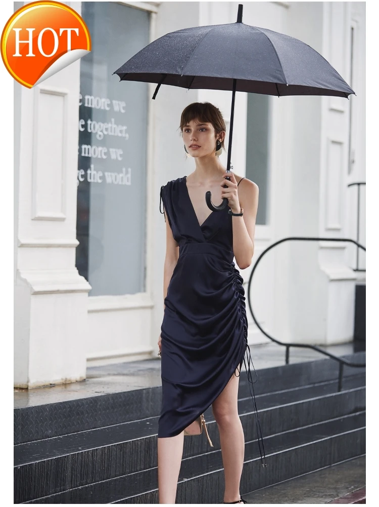 

custom design banquet suspender dress deep V-neck irregular single side retractable Satin Dress